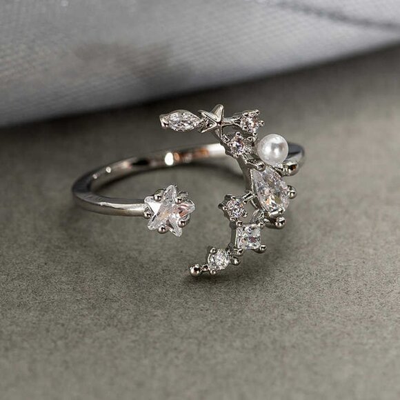 Shiny Star Moon Design Silver Rose Gold Plated CZ Ring for Women, HA4420 - Picture 2 of 3